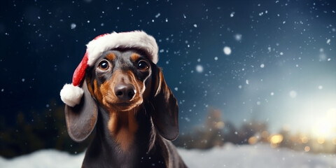 A cute dachshund dog looking into the camera, wearing Santa Claus’ hat. Snow is falling from the sky in the dusk. Christmas, winter landscape. Image for Christmas holidays.