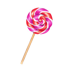 Spiral lollipops, circle candies. Bonbons with striped swirls, sugar caramel on stick. Watercolor illustration. Delicious ornament for stationery, candy shop, store, design of postcard