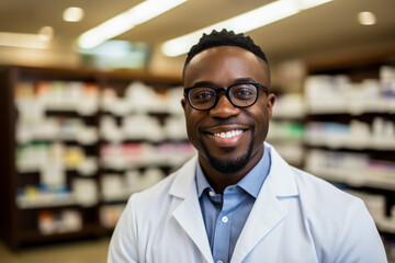 Smiling Male Pharmacist in White Coat Poses for Camera at Pharmacy 