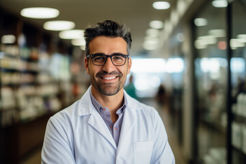 Fototapeta premium Smiling Male Pharmacist in White Coat Poses for Camera at Pharmacy 