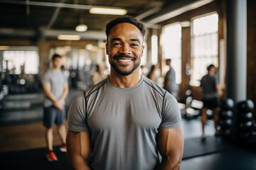 Smiling man stands with arms crossed in fitness studio  - obrazy, fototapety, plakaty
