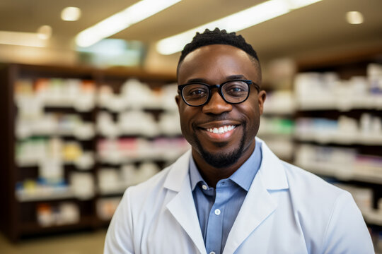 Smiling Male Pharmacist in White Coat Poses for Camera at Pharmacy 