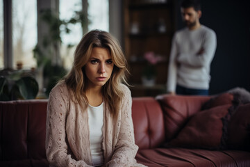 Unhappy unrecognizable young Caucasian woman on sofa feeling lonely suffering from domestic violence or relationship problem break up with boyfriend 