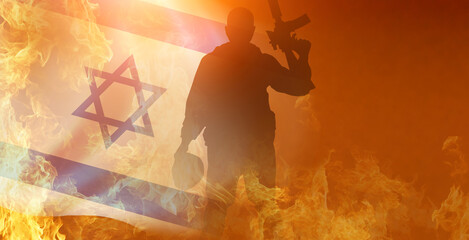Silhouette of Soldier in sky background . Flag of Israel. Israel Defense Forces . 3d illustration