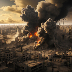 destroyed city shelling explosive war fire smoke deserted city - obrazy, fototapety, plakaty