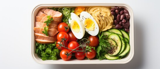 Delivery of fresh organic low carb food Healthy eating fitness nutrition take out in aluminum boxes with cutlery and packaging top down view on white wood