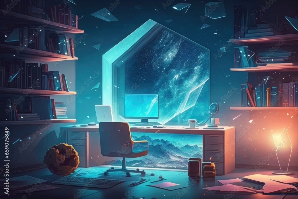 Poster open space room with a computer and books