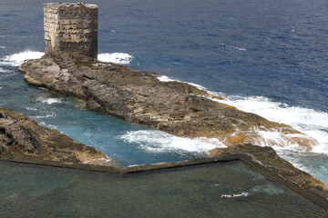 La Gomera, Spain. View of the dilapidated banana loading station in Hermigua, located on the...