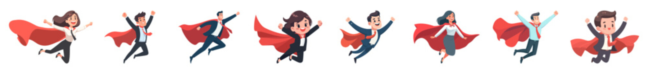 Businesswoman posing at work. Businessman superhero flying. Flat graphic vector illustrations isolated on white background. © Hakan Kaçar