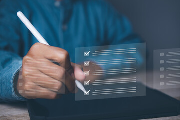 Businessman checkbox correct sign mark for document approve. acceptance and quality agreement,...