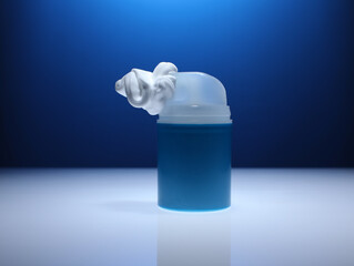 Close up view of plastic container with foam for shaving isolated on blue background.