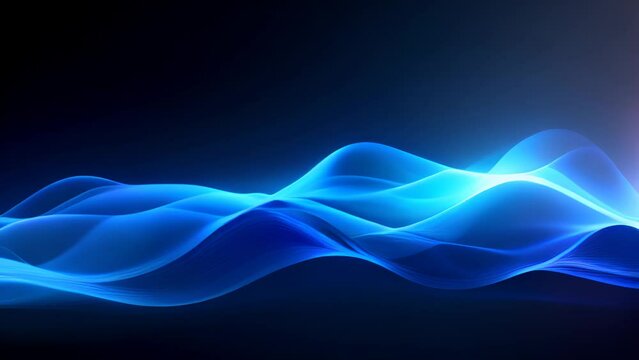 Blue wireframe sound waves, visualization of frequency signals audio wavelengths, conceptual futuristic technology waveform on black background, Generative AI