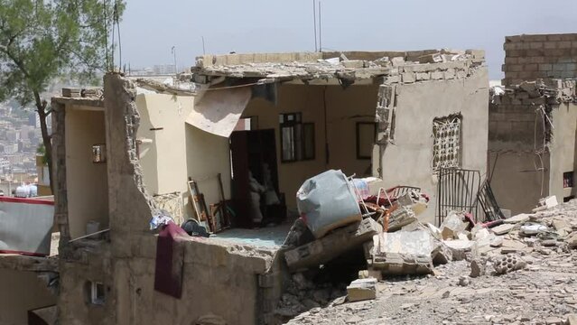 House destroyed  by Arab coalition missiles after Al-Houthi militia turned it into a military barracks in Taiz City 