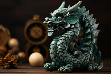 Green Wooden Dragon Symbolizing New Year and Christmas Concept