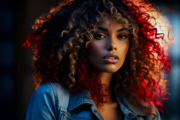 Naklejka na ściany i meble Biracial woman with chin-touching curly blue and red lit hair 