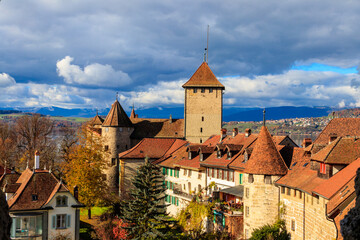 Aerial view of the old town of Murten city at autumn, Switzerland