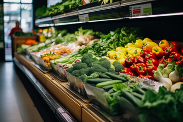 Chilled section of supermarket containing fresh fruits and vegetables 