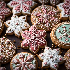 Obraz na płótnie Canvas A close-up shot of a Christmas sugar cookies, adorned with royal icing in intricate holiday designs. 