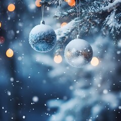 Fototapeta na wymiar Snow fall on christmas trees in trees with christmas balls