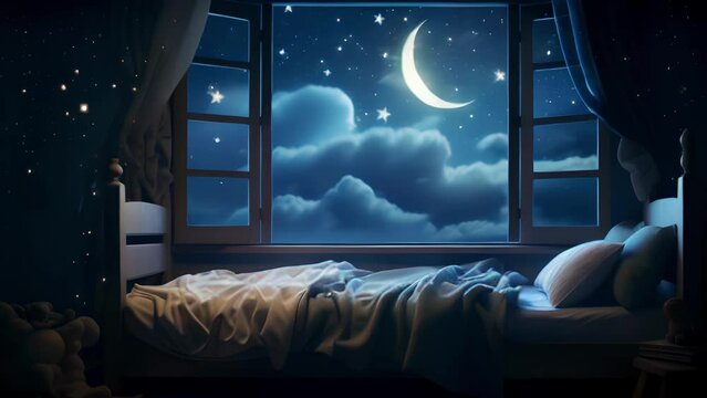 Bed Time Stories, Dreaming, Clouds, Dream, Starry Night Comfort: Cozy Bedroom with Moonlit View, Animation, Generative AI