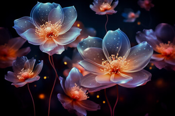 Fantastic glowing flowers on black background forming abstract floral wallpaper creating a magical blooming garden 
