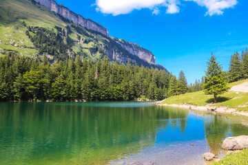 View of Lake Seealpsee near Appenzell in the Alpstein mountain range, Ebenalp, Switzerland