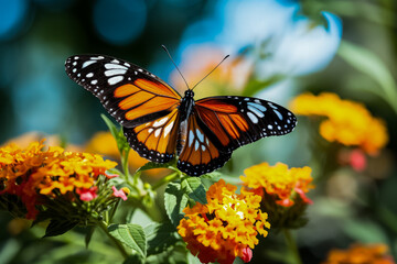 Obraz premium Ismenius Tiger butterfly pollinates a flower in ten words 