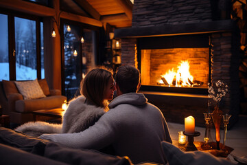 a young couple is warming up by the fireplace in an embrace. generative ai. romantic setting. evening for two. - obrazy, fototapety, plakaty
