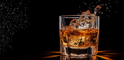 Isolated on black a Glass splashes Whiskey with ice cubes 