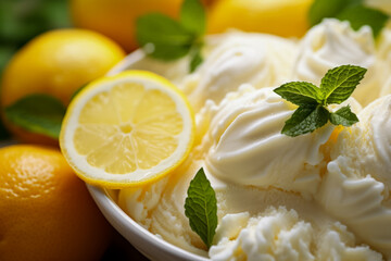 Juicy lemon close-up atop creamy ice cream beautifully refreshing 