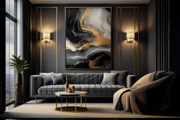 Luxurious black abstract painting with marbled ink and gold swirls 