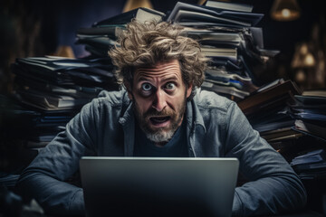 Stressed man madly working on laptop disheveled hair in chaos  - obrazy, fototapety, plakaty