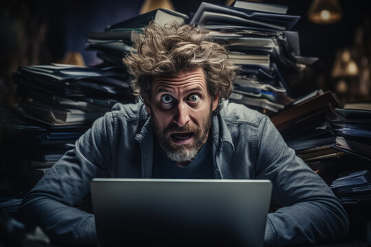 Stressed man madly working on laptop disheveled hair in chaos 