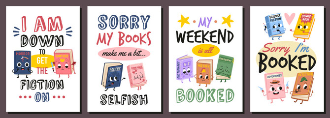 Books characters with texts. Education motivation posters, different literary genres, animated volumes with cute funny faces, cards with lettering, cartoon flat isolated tidy vector cards set