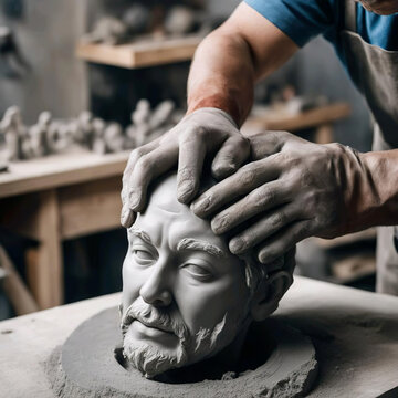 Manos de un escultor creando una escultura de una cabeza masculina