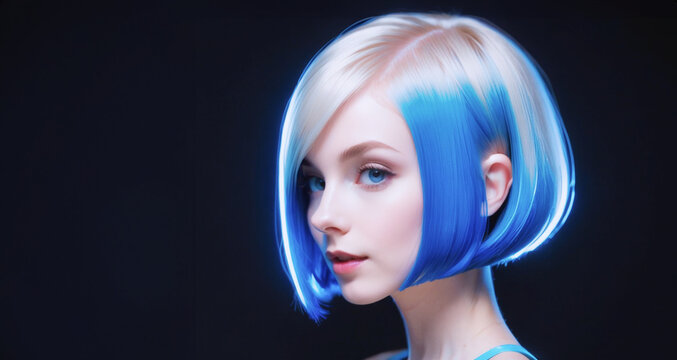 immagine ritratto primo piano di volto di giovane donna, immagine futuristica, iper moderna, sfondo scuro