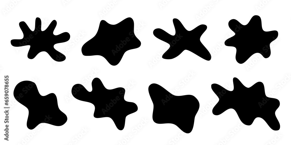 Poster black liquid irregular amoeba blob shapes vector collection isolated on white background. fluid bobb
