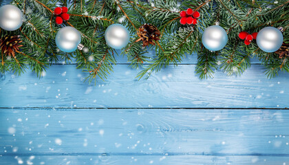 Christmas background with branches and balls on the blue wooden background. 