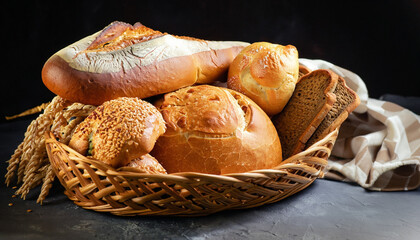 Different types of bread in a basket.