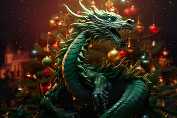Fototapeta premium Chinese dragon, green New Year symbol at fir tree