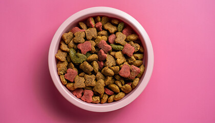 Dog food in bowl on the pink background. 