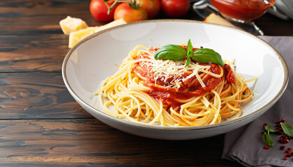 Spaghetti with tomato sauce and basil