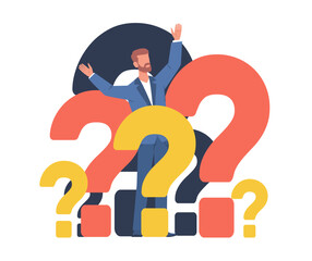 Confused man standing among question marks, concept of confusing options and complicated answers. Solving problems, finding new opportunities. Difficult decision. Vector cartoon flat illustration