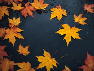 Naklejka na ściany i meble Autumn yellow maple leaves on the ground after rain