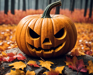 Halloween pumpkin among autumn leaves