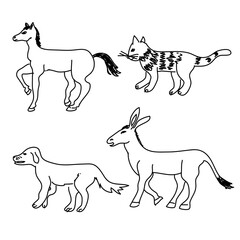 Vector children's pencil set of sketches of animals in the form of a dog and a cat

