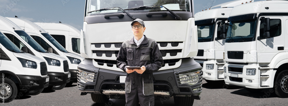Aufkleber manager with a digital tablet stands next to trucks and vans. fleet management.