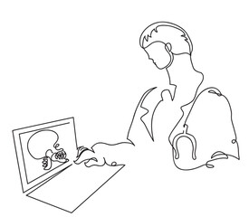 One line drawing of doctor and x-ray image.
One continuous line drawing of doctor working on laptop with X-ray image.