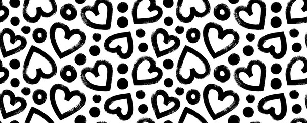 Abstract seamless banner design with brush drawn hearts and dots.