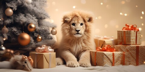 "Christmas Cub: A Lion's First Holiday" | Background Design  | Holiday Season | AI Generated Artwork